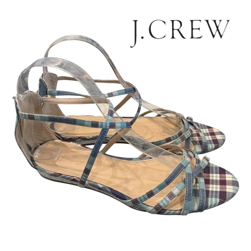 J. Crew Cary Women's Plaid Strappy Mini Wedge Silver Glitter Sandals 6.5